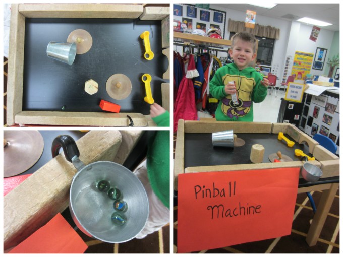 I've been wondering all weekend why Jack asked Santa for a pinball machine. In fact, it was the only thing he asked Santa for. Today when I picked Jack up from school, I learned why. His teacher Ms. Michelle created one for their class to play with. Now to figure out how I'm going to arrange that with Santa. Time for me to start Googling "small pinball machines"...