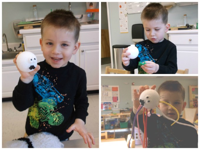 Hi Nick!  Here are some photos of Jack working on his wood working!   He was so proud of himself being able to use a real hammer and nails. He was very adamant about building a house. Even though he hit his finger with the hammer, he was brave and kept going (with a little help from myself) He used paint to decorate his building. He also made an "octopus monster" with styrofoam.    -Aimee